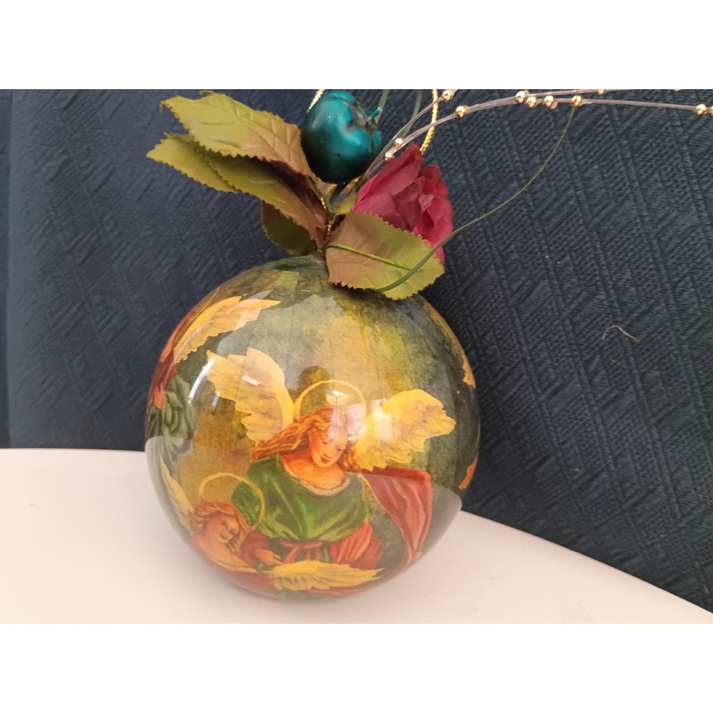 Vintage Angel Decoupage Christmas Ornament Gold Bow Red Rose Holiday Decor - Picture 2 of 4